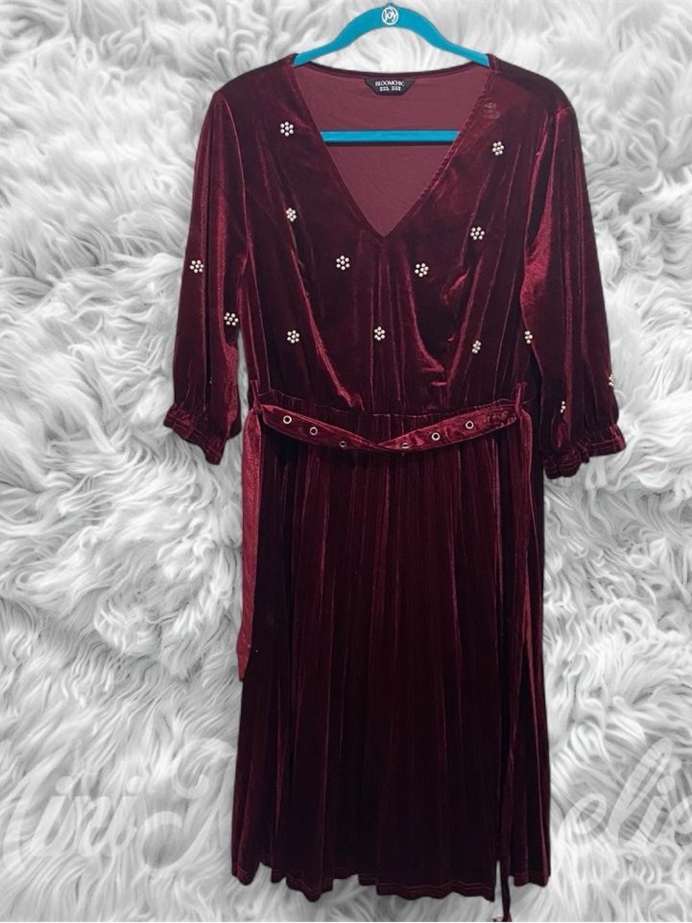BloomChic Wine Velvet Long Sleeve V-Neck Dress with Belt